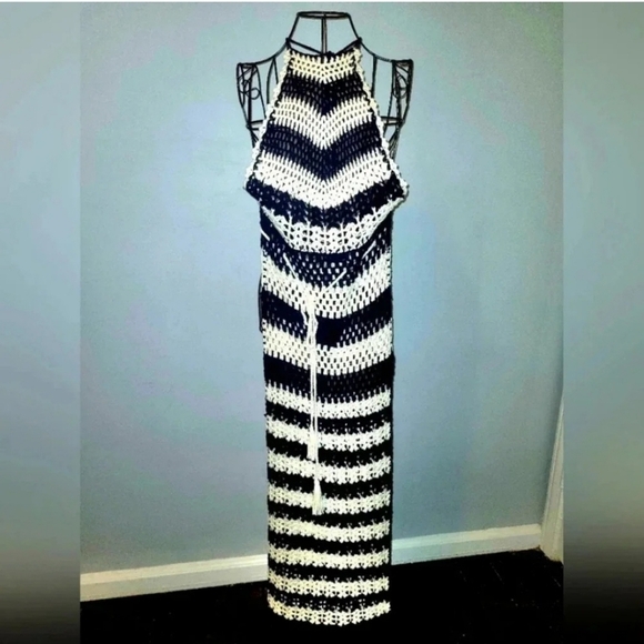 HERA Crochet Open Knit Halter Maxi Dress navy white stripe Wmns S Beach Pool NWT - Picture 7 of 7